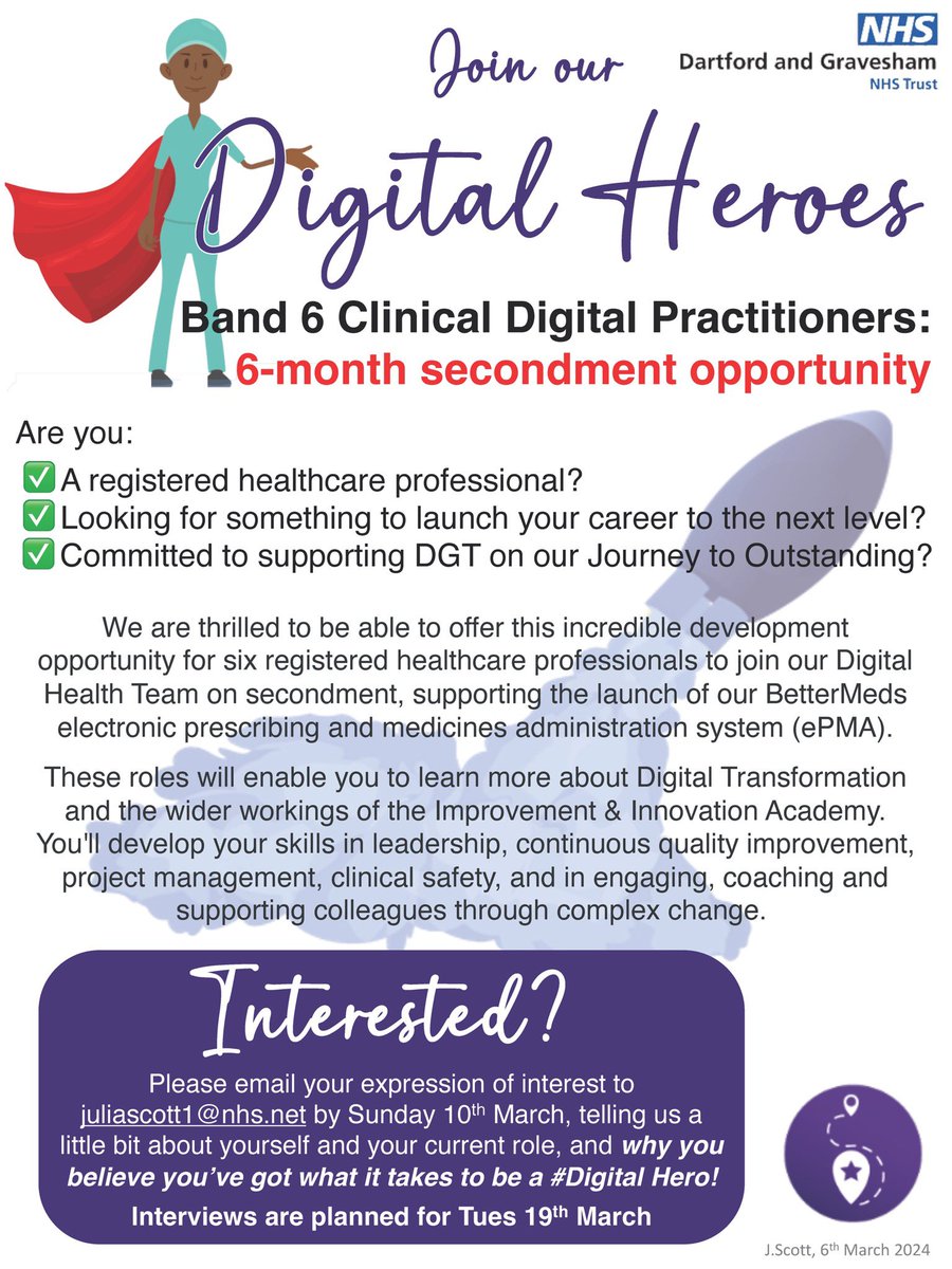 *Internal secondment opportunity for DGT staff* 6-month B6 secondment into Digital Health Team, available to all registered h’care professions. Great Band 6 development opportunity! More info on the poster ⬇️👀 @DGTPhysio @DGTAHPs @dgt_sltdvh @DGTDietitians @DarentValleyHsp