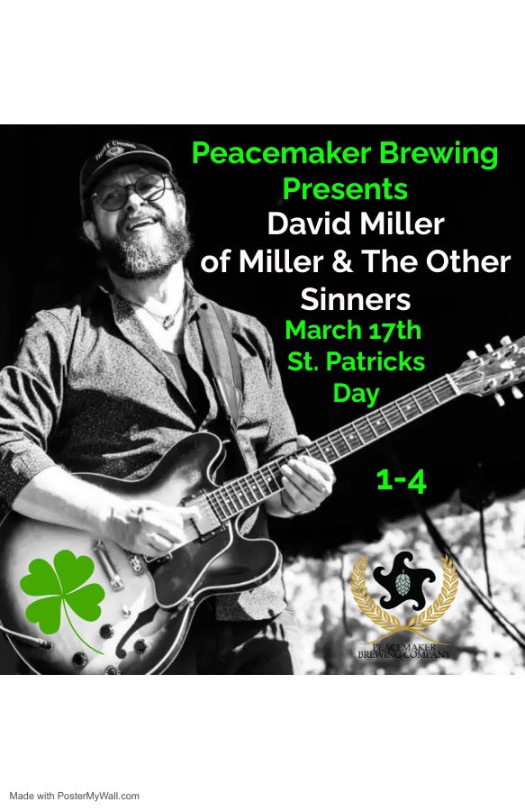 PeacemakerBrew1's tweet photo. Miller of Miller &amp; The Other Sinners will be @PeacemakerBrew1 on Sunday St. Patrick’s Day! Join us in checking out this fantastic musician! https://t.co/bRNUYEZAU2