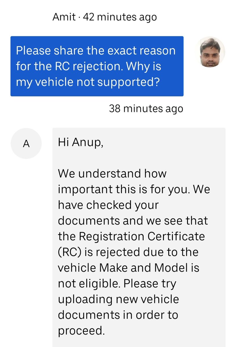 itsanupofficial's tweet photo. I don't why my bike's RC is getting rejected every time by mentioning "Make and Model is not eligible". I have asked many times but getting same and same answers.
Screenshot attached.

@Uber_India https://t.co/MUHd4YApm3