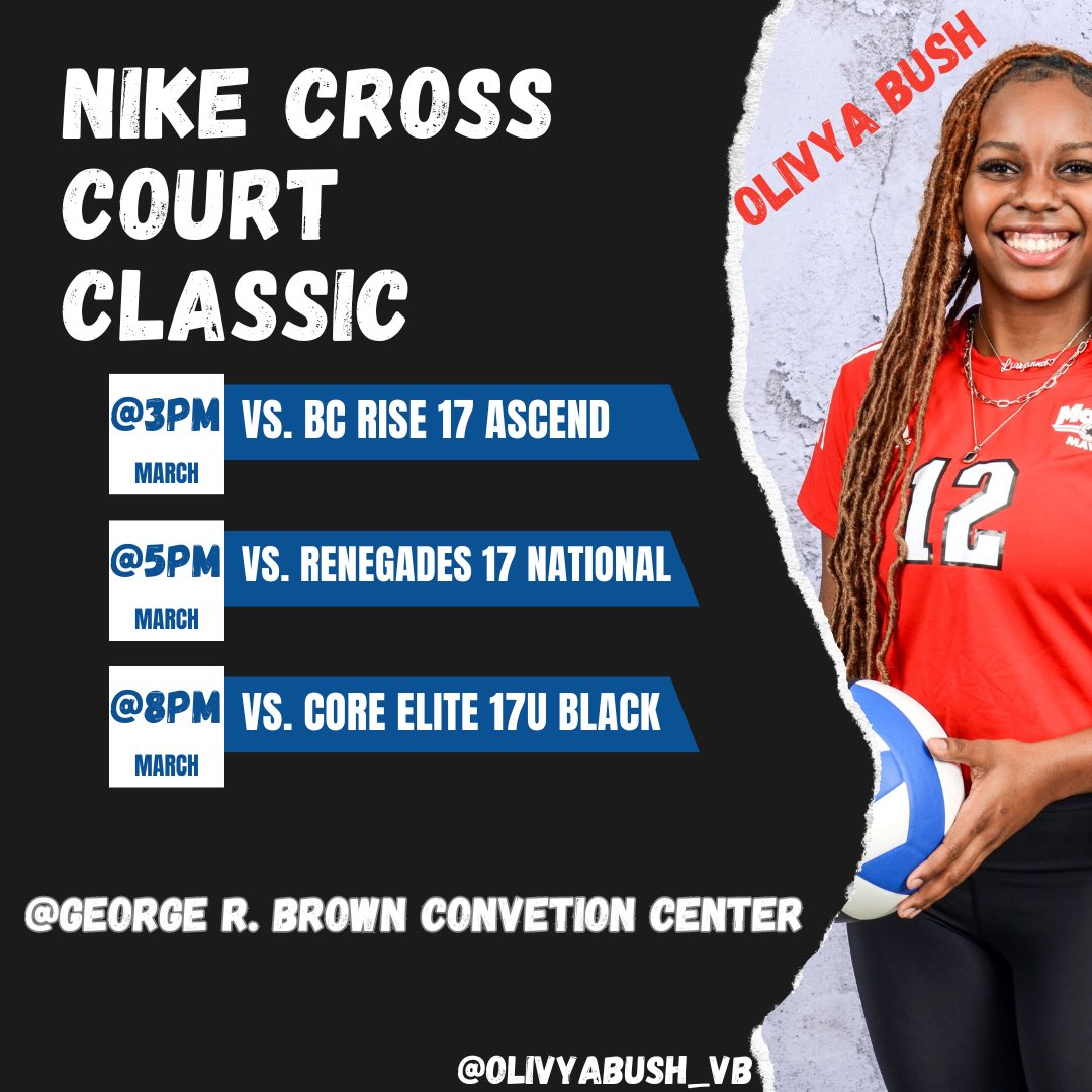 Let’s gooo! Nike Cross Court Classic this weekend! Come by and check out or talent!

🗓️: March 9-10
🌟pin hitter/ utility 
➡️Court 26
📍George R. Brown Convention Center
🏐MoCo Mavs 17 Red 

<a href="/PDTexas/">Prep Dig Texas</a> <a href="/texasvbi/">Texas Volleyball Insiders</a> <a href="/MalloriHowie/">Mallori Howington</a>