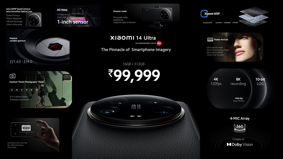 sunnykumar3110's tweet photo. Excited to unveil the remarkable #Xiaomi14Ultra   ! 

Unleash your inner photographer with its Leica Summilux Optical Lens and LYT 900 1-inch sensor, capturing every detail with precision. Explore 6 focal lengths, master cinema mode, and more. 

#XiaomixLeica #Xiaomi14Series https://t.co/68tC5eJ62a