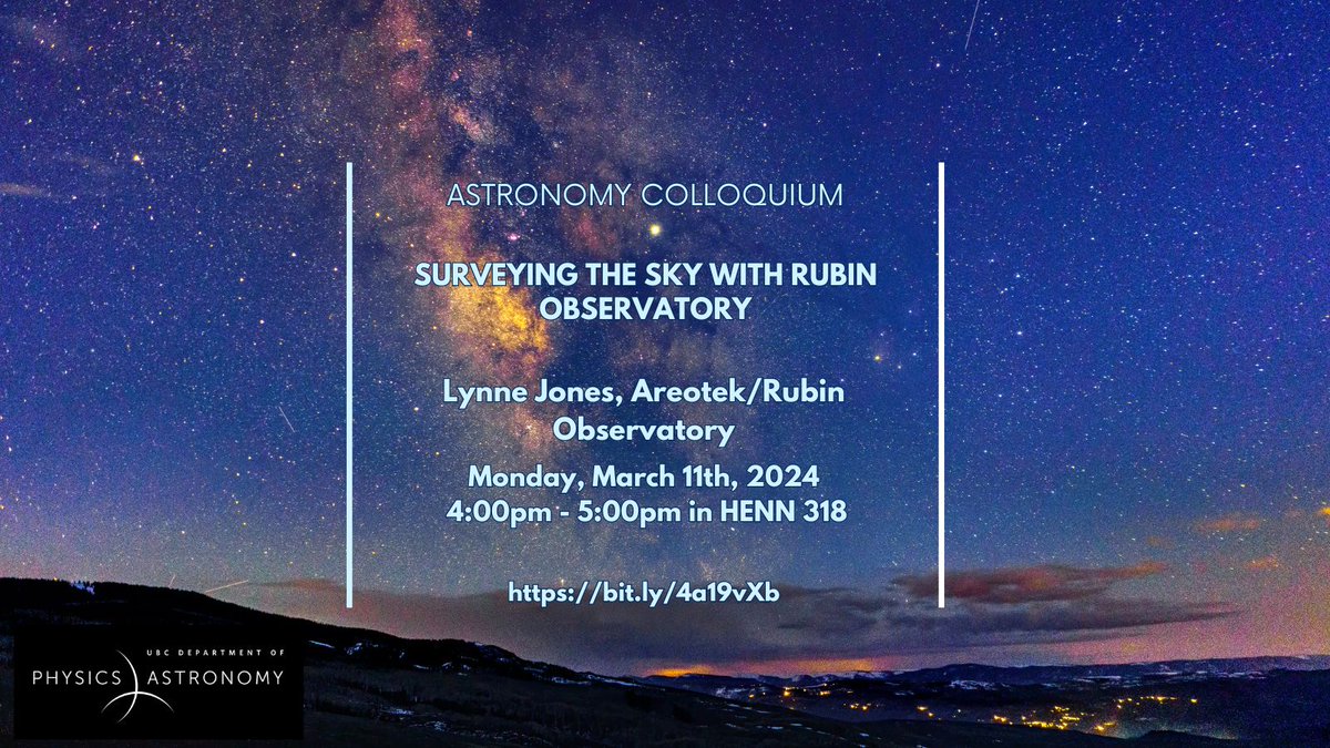 The Rubin Observatory's Legacy Survey of Space and Time (LSST) launches in 2025: this 10-year solar system inventory will survey 20,000 square degrees of sky! Learn more with Lynne Jones on March 11th! bit.ly/3V47OEd @ubcscience @ubcengineering #astronomy #space #physics