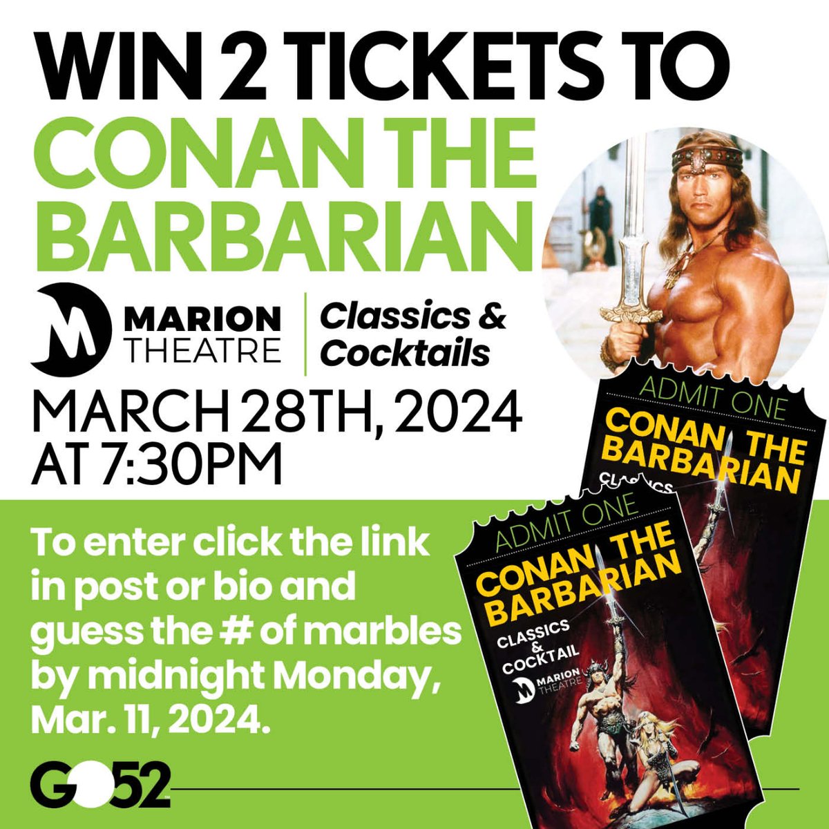 go52events's tweet photo. NEW GIVEAWAY!!
Here's your chance to win 2 tickets to see Conan The Barbarian at The Marion Theatre on March 28. To enter (BY MIDNIGHT Mar. 11TH), click the link and make your guess. Super easy. See the page for further details. 
🖱️ Click here to ENTER: https://t.co/JZkzRWzu67 https://t.co/AMWJZ8iKcQ