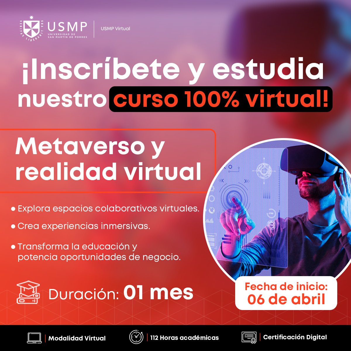 Conoce y domina las nuevas tendencias en la tecnología con nuestro curso 'Metaverso y realidad virtual'. Aprende los conceptos básicos y como aplicarlos en beneficios de tus trabajos. 🦾👨‍💻🤖 🎯Fecha de inicio: 06 de abril 👉INSCRIPCIONES AQUÍ: cutt.ly/Zw1REovV