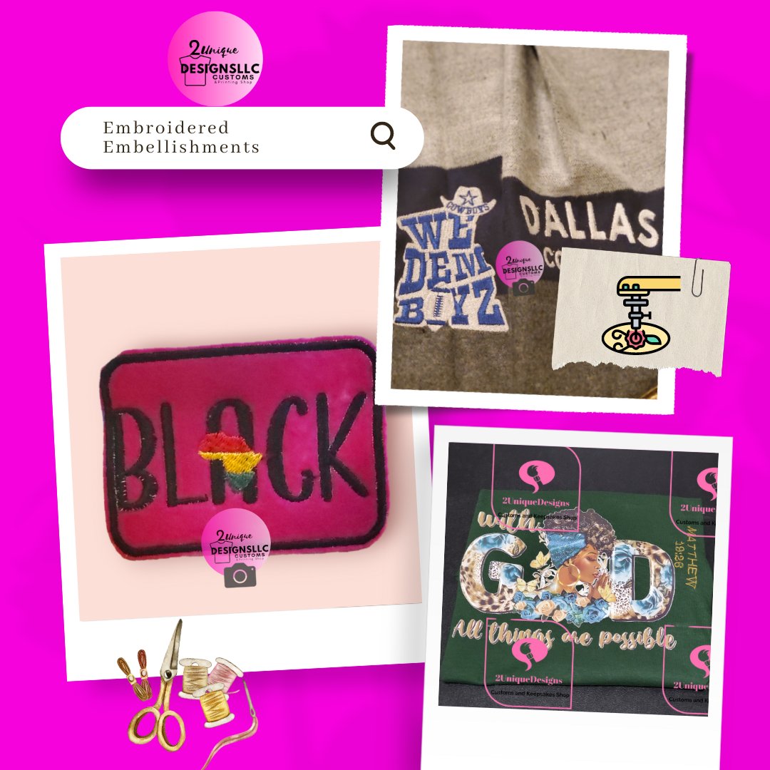 "Elevate your style with our embroidered design and patch services! 🧵🪡 From caps to jackets, each piece is crafted with precision and style. Make a statement wherever you go!"  #EmbroideryArt #2uniquedesignsllc