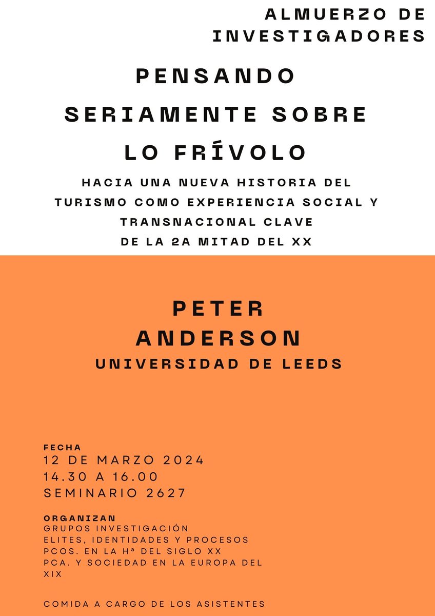 Próximo martes 12, nuevo Almuerzo de Investigadores en la @CCPPySOCUCM. Un lujo recibir a Peter Anderson @UniversityLeeds: 'Pensando seriamente sobre lo frívolo' o una nueva mirada sobre el turismo durante el franquismo. Veníos.