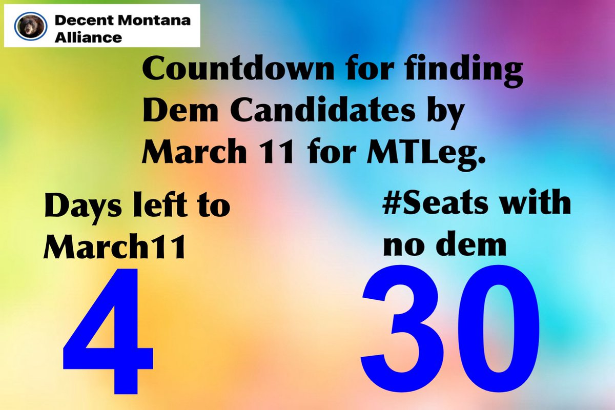 problembear's tweet photo. @ryandbusse @MTDems Decent voters in Montana Still Need 30 more decent candidates to vote for in #MTleg
And 2 more decent candidates for #MTpsc
#RunForMTleg
#RunForMTpsc
4 days is Not much daylight left for @MTDems to stop abandoning voters in red districts in Montana…. https://t.co/ezFklY1t3e