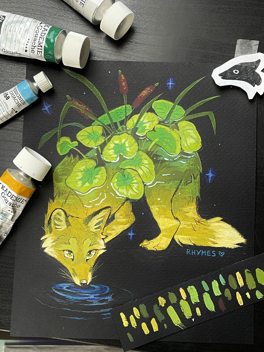 Art trade with Juli.Artwork on Instagram, drew her pond fox with Gouache 💚
#traditionalart #characterart #arttrade