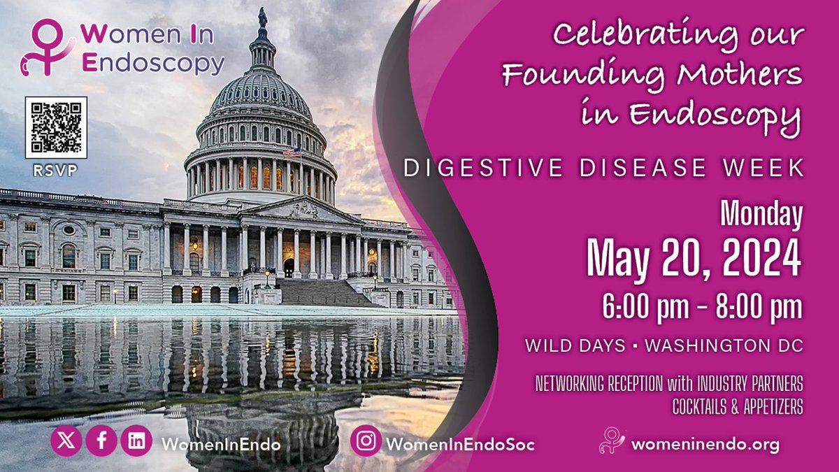 Join us at the #WIE Celebrating our Founding Mothers in Endoscopy Networking Reception, May 20, 2024 at 6pm at Wild Days in Washington DC! Secure Your Spot Today: buff.ly/3P90lzG #womeninendo #endoscopy @drsethinyc @UzmaSiddiquiMD @AdvaniRashmiMD @DCharabaty…