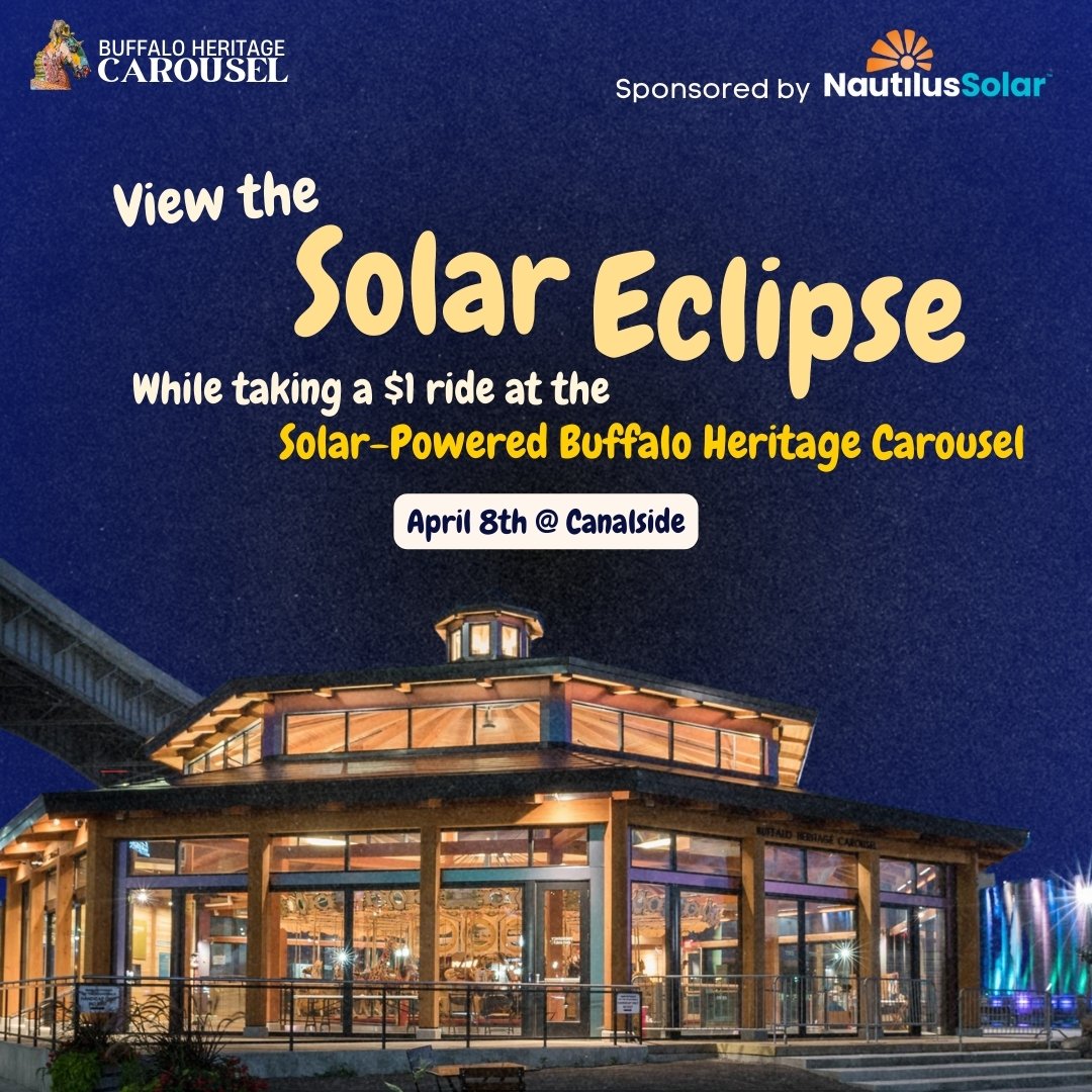 BuffaloCarousel's tweet image. Join us on 4/8 for a ride at the Solar-Powered Buffalo Heritage Carousel, sponsored by @NautilusSolar! Take a $1 ride on the 100-year-old solar-powered carousel &amp;amp; learn more about the benefits of Community Solar during the Eclipse! #SolarEclipse #SolarCarousel #NautilusSolar