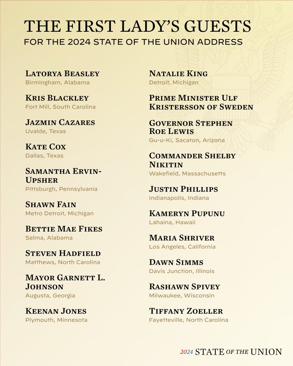 An extraordinary group of individuals – who embody the Biden-Harris Administration’s policies at work – will join the First Lady tonight at President Biden’s State of the Union Address.