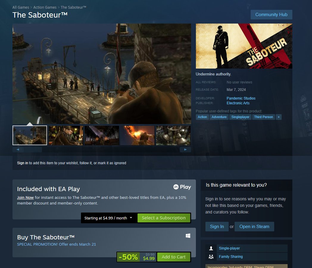 Wario64's tweet photo. The Saboteur is up on Steam, on sale for $4.99 https://t.co/pEVvUQu3KB https://t.co/Rf8Y67Zw7u