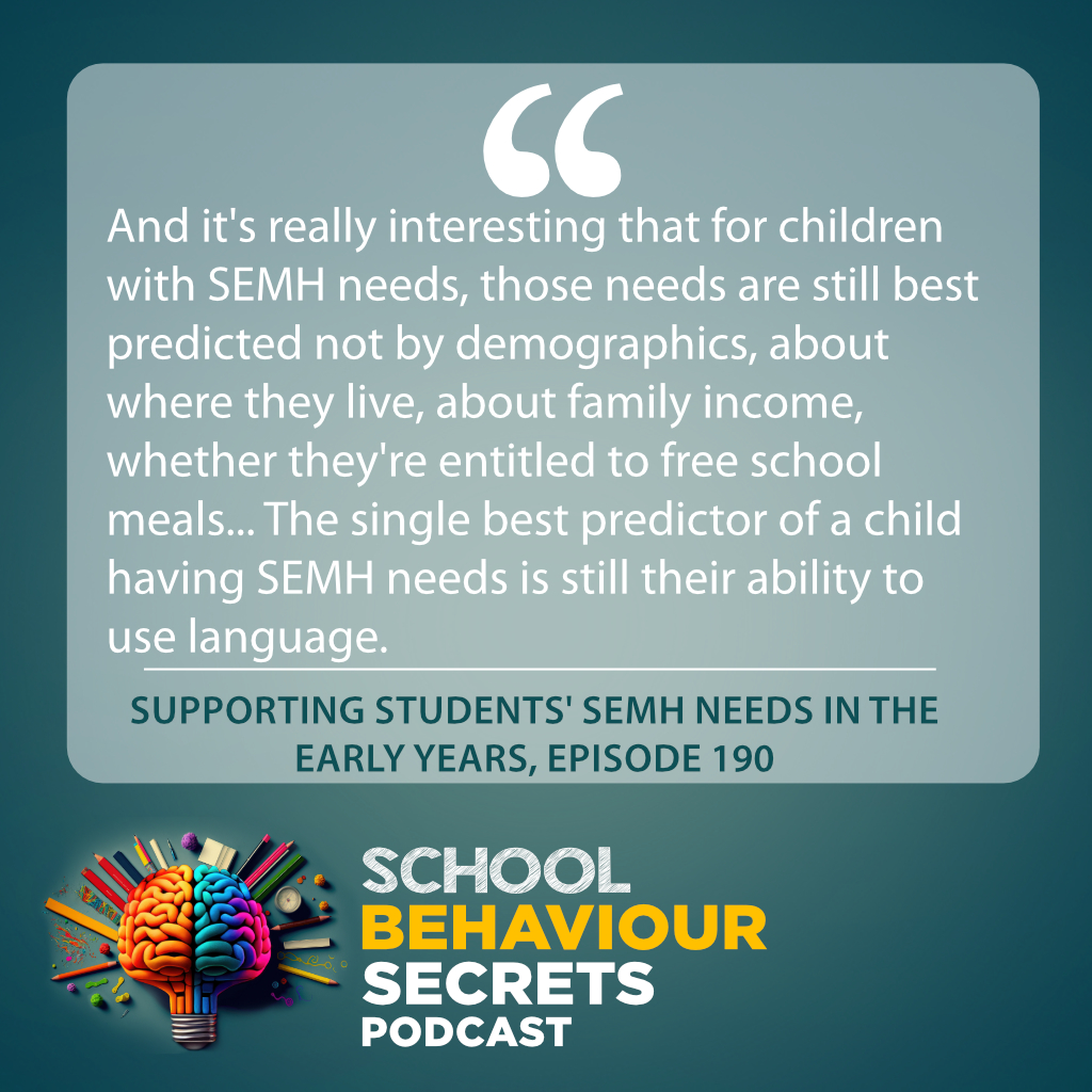 Language needs are still the best predictor of a child having SEMH needs. If we screened pupils in EYFS quickly and more systematically, they'd achieve better academic outcomes (and save the edu. system time and money). More here:

beaconschoolsupport.co.uk/podcast/suppor…

#semh #eyfs #teaching