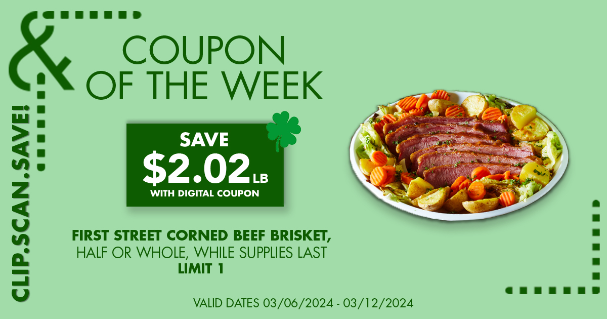 We’ve all got the luck of the Irish this week! Save on Corned Beef Brisket just in time for St. Paddy’s Day when you shop with this digital coupon ​ bit.ly/484nVUV