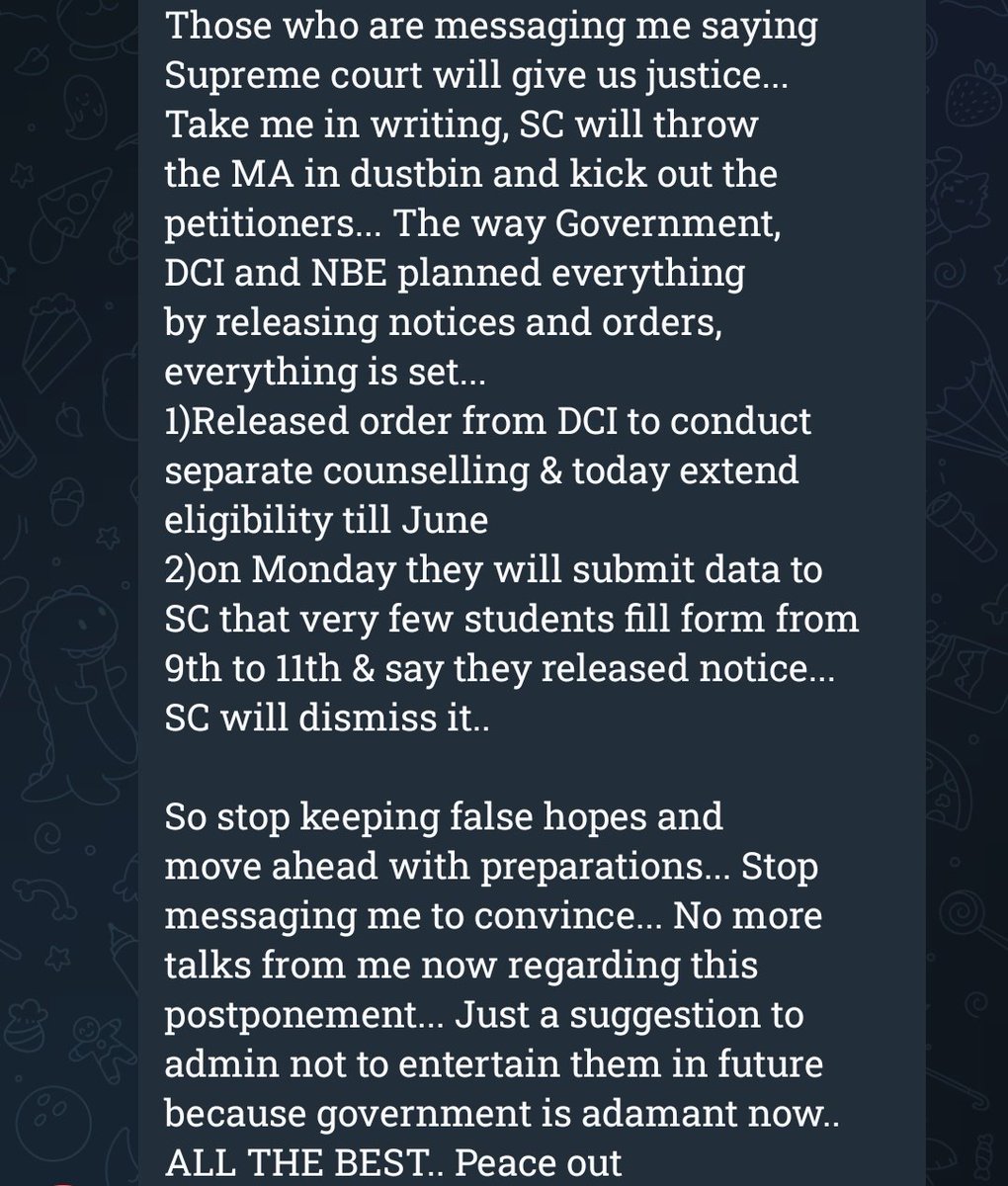 SameerS11259789's tweet photo. I guess he is right...

Everything is planned by Government, DCI and NBE seeing Aspirants going to Supreme court... There will be no postponement I guess... Better to study for next year since I am still ineligible..
#NEETMDS2024 #NEETMDS2024CASE https://t.co/AIjpK7fO7c
