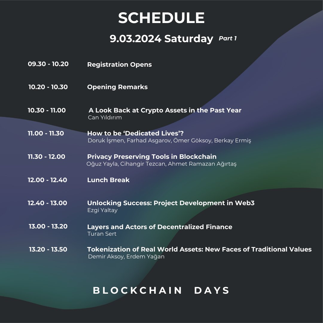 DaysBlockchain's tweet photo. 🇹🇷
Blockchain Days 2024 etkinlik akışı sizlerle! ✨
9 Mart'ta yüz yüze, 10 Mart'ta online olarak gerçekleşecek etkinliğimizde, sektör liderlerinin sunumları, paneller ve interaktif oturumlarla dolu bir gün sizi bekliyor. Unutulmaz bir deneyim için şimdi yerinizi ayırtın!

🇬🇧
Blockchain Days 2024 event schedule is here! ✨
Join us on March 9th in person and on March 10th online for a day filled with presentations, panels, and interactive sessions by industry leaders. Reserve your spot now for an unforgettable experience!