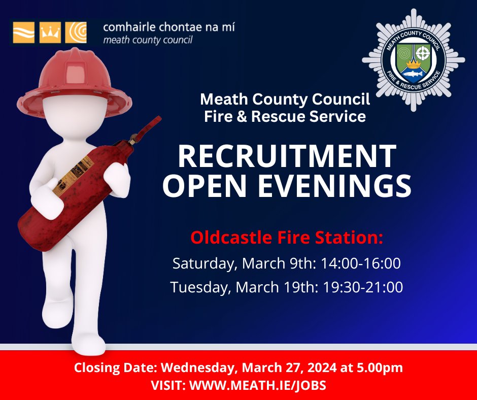 Would you be interested in joining our team of retained firefighters in Oldcastle and becoming an important part of the emergency services in your local community? If so, come along to one of our open evenings! To apply visit meath.ie/jobs.
