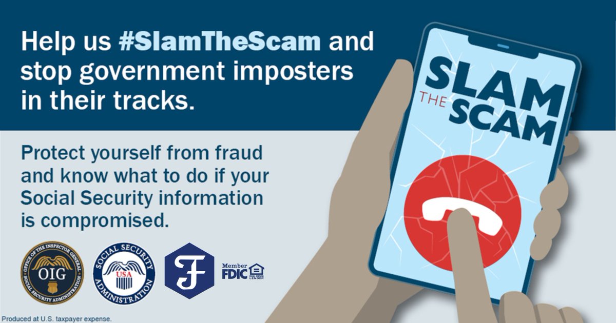 Hang up or ignore suspicious calls, texts, or emails. Government employees will NEVER threaten you or demand immediate payment. Help #SlamTheScam on government imposters. Learn how to spot scams report suspicious activity and more at ssa.gov/scam #NCPW2024