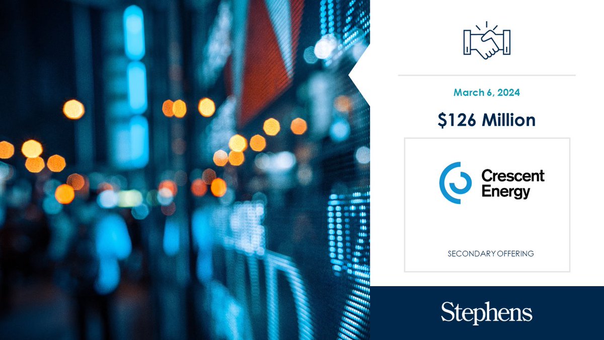 Stephens served as Underwriter on the Crescent Energy Company (NYSE: CRGY) secondary offering ow.ly/7yVH50QNORY #InvestmentBanking