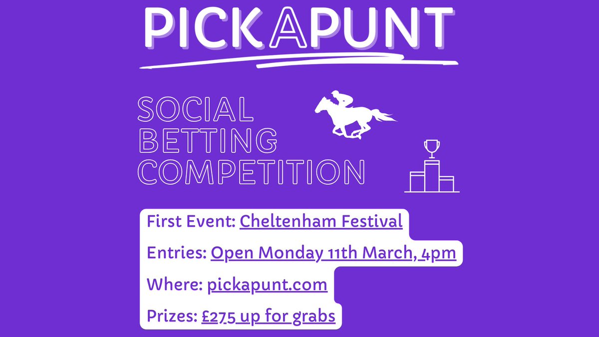 PickAPunt's tweet photo. The first PickAPunt competition isn't far away! 🏆

Pick a horse in every Cheltenham Festival race, win or each way, for a chance to win your share of £275 in prizes. 🏇

Head over to https://t.co/wvNsJwYDlF to enter - IT'S FREE! 😍 https://t.co/UWHWAa8H3r