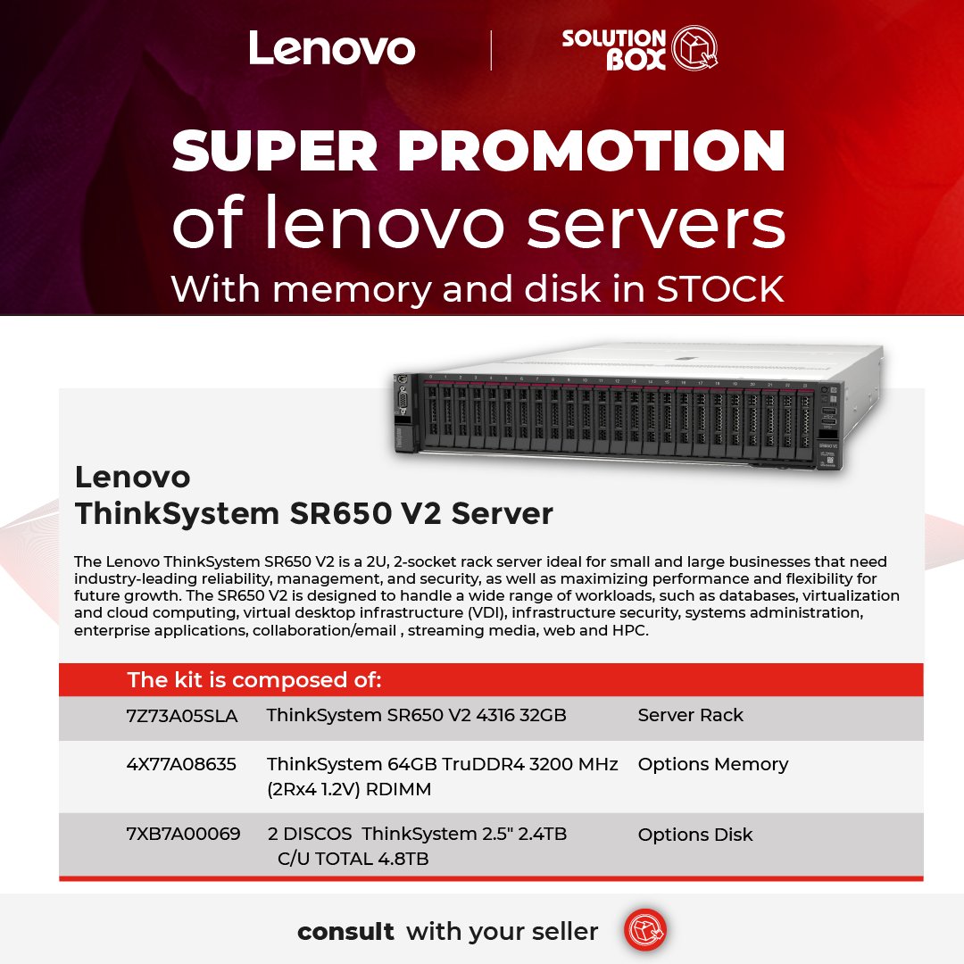 Exciting news from Solution Box! 🎉 Featuring the powerful ThinkSystem SR650 V2 Server, we've got the solution for your business needs. Consult with your seller today or contact Natalia Sutter at natalia_sutter@solutionboxusa.com to seize this opportunity! 💻🚀