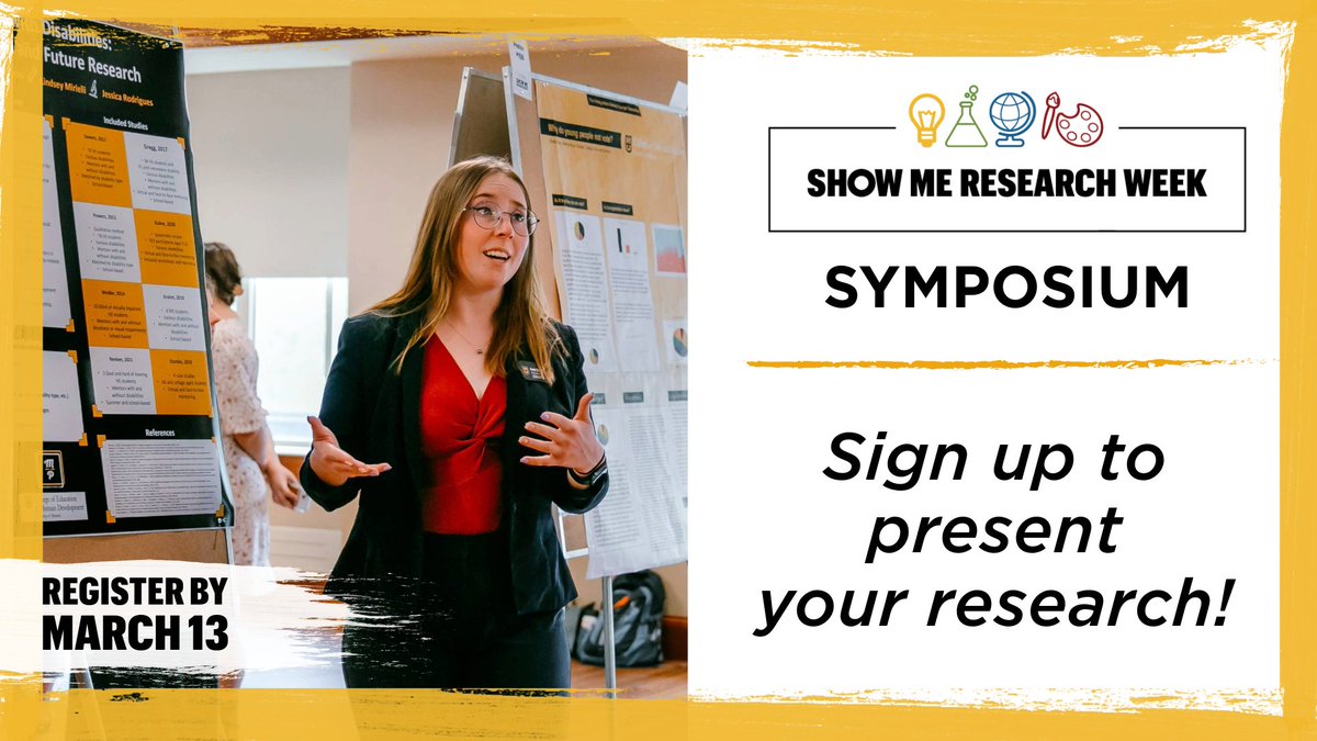 There's still time to sign up for the Show Me Research Week Symposium! This is a great way to gain experience presenting your work to various audiences. Awards available in several categories. Humanities students encouraged to submit, too! Learn more: research.missouri.edu/show-me-resear…