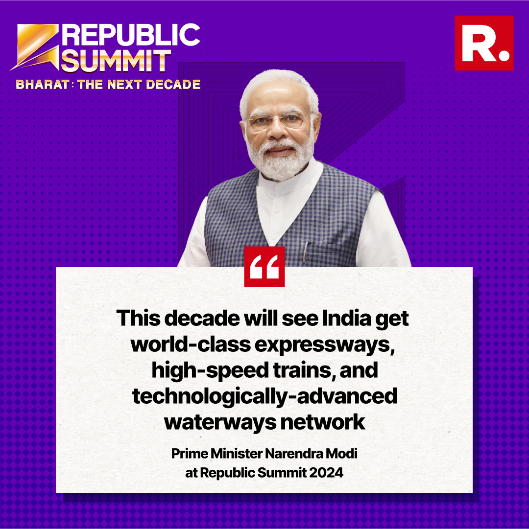 republic's tweet photo. #PMModiAtRepublicSummit | PM Modi (@narendramodi) stressed that the present decade will belong to the infrastructural development of expressways, high speed trains, and inland waterway networks and India will get its first bullet train, fully operational dedicated freight corridors, and large cities in India will get connected through NaMo or Metro Rail.
#RepublicSummit #RepublicSummit2024 #BharatTheNextDecade #RepublicSummitLIVE #ArnabGoswami #Republic #PMModi #NarendraModi
