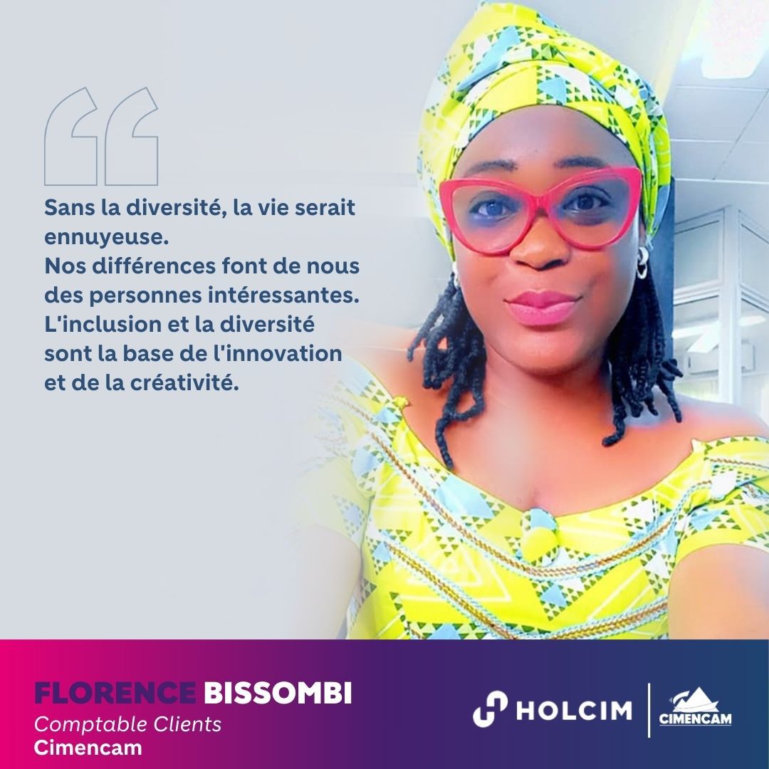 Cimentcameroun's tweet photo. Florence BISSOMBI, Comptable Clients se prononce sur l'inclusion. 🤝
«Sans la diversité, la vie serait ennuyeuse. Nos différences font de nous des personnes intéressantes.»
#InspireInclusion
#BuildProgressWithUs
#IWD2024
#Holcim
#Cimencam https://t.co/rC0EgVKmCx