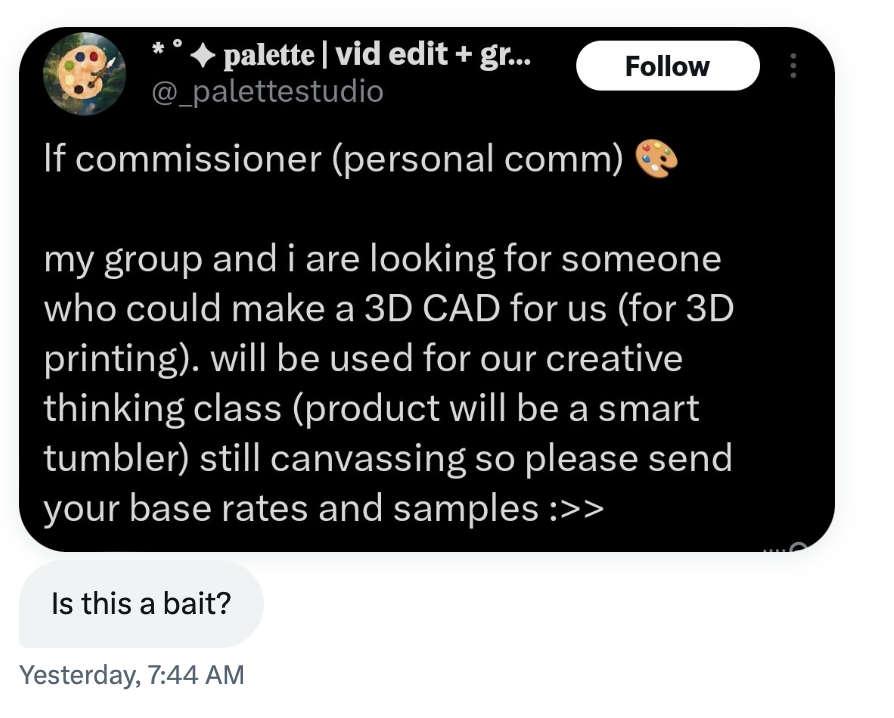 _palettestudio's tweet photo. i do not understand how this is bait. (a) we are not familiar with CAD. if we were, we wouldn't be posting this in the first place. (b) we respect our co-commissioners in this space as long as they respect us also. we do not post with the intention of 1/n https://t.co/8OtUVu6K0i