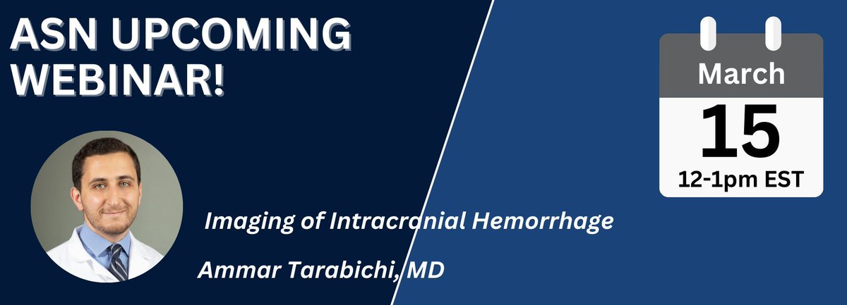 Please join us as Dr. Ammar Tarabichi lectures on 'Imaging of Intracranial Hemorrhage ”. The series is CME ACCREDITED. We look forward to you joining us next Friday, March 15, at noon. Click the link to join: buff.ly/3SYOpTq #webinar #neurology #neuroimaging