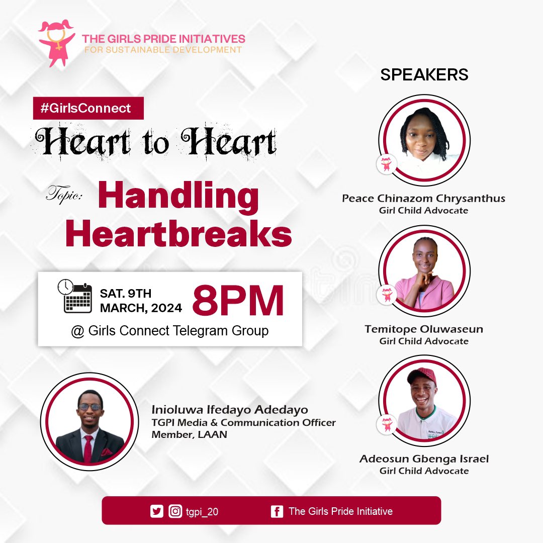It's another Heart to Heart session on Girls Connect.

It's about *_HANDLING HEARTBREAKS_*

t.me/+XWLoMGPS6x1jM…

#hearttoheart
#girlsconnect
#tgpi