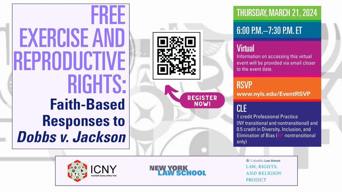 ICNY's tweet image. The #FirstAmendment guarantees #FreeExercise for Americans whose faiths embrace #reproductiverights.

Learn more at a FREE webinar with @NYLawSchool @LawRtsReligion @Catholic4Choice @Hindus4HR and others.

All are welcome. #CLE for NY #attorneys. RSVP at nyls.edu/eventrsvp.