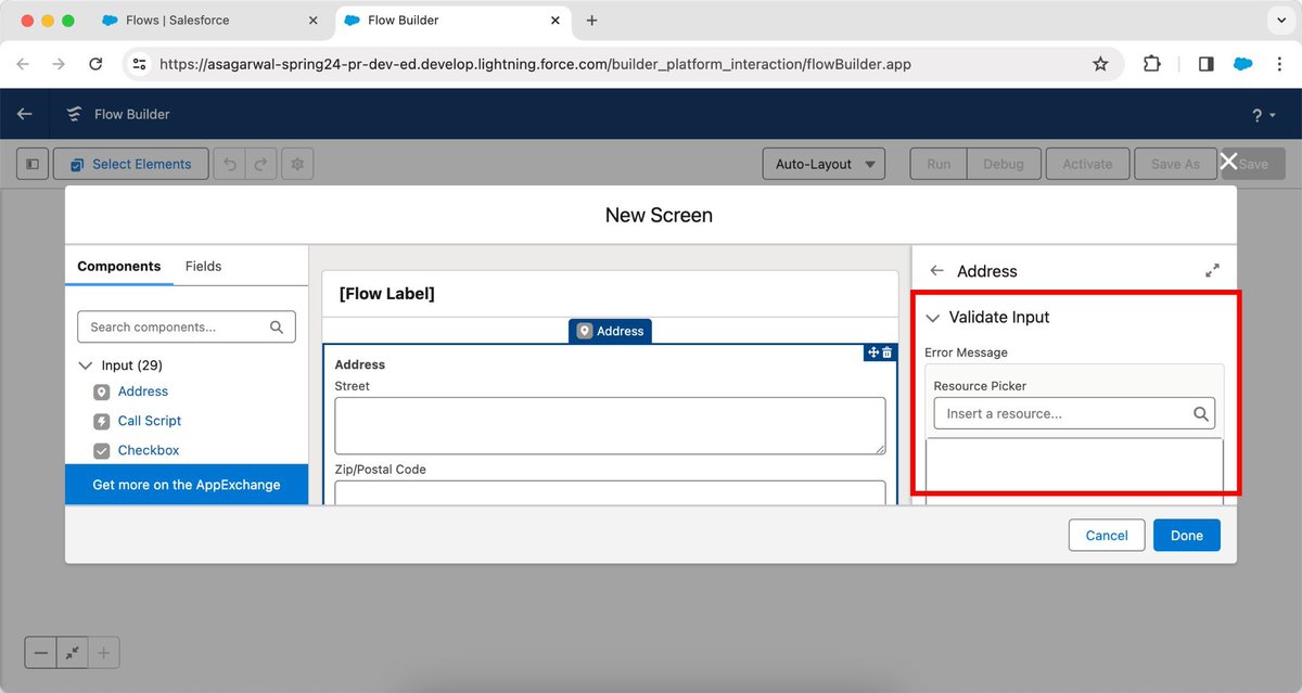 asagarwal's tweet photo. #SalesforceSpring24 You can now validate the values that a user enters for more screen flow components, including Name, Address, and Data Table.

You can also provide error messages to guide the user when a validation error occurs. 😎

https://t.co/EkXCdQNuWg https://t.co/k3mQQKA2RX