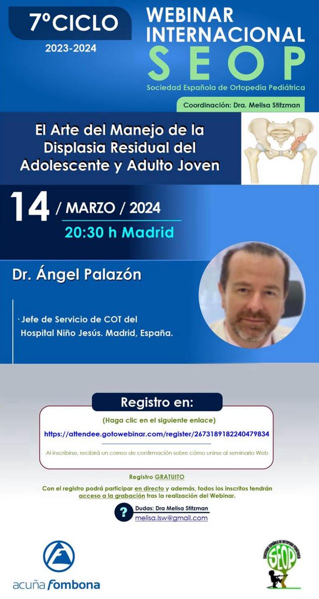 📍7º CICLO (2023-2024) de los WEBINARS INTERNACIONALES DE LA SOCIEDAD ESPAÑOLA DE ORTOPEDIA PEDIÁTRICA (SEOP). Más información e inscripción ⬇️: register.gotowebinar.com/register/26731… @secotsecot