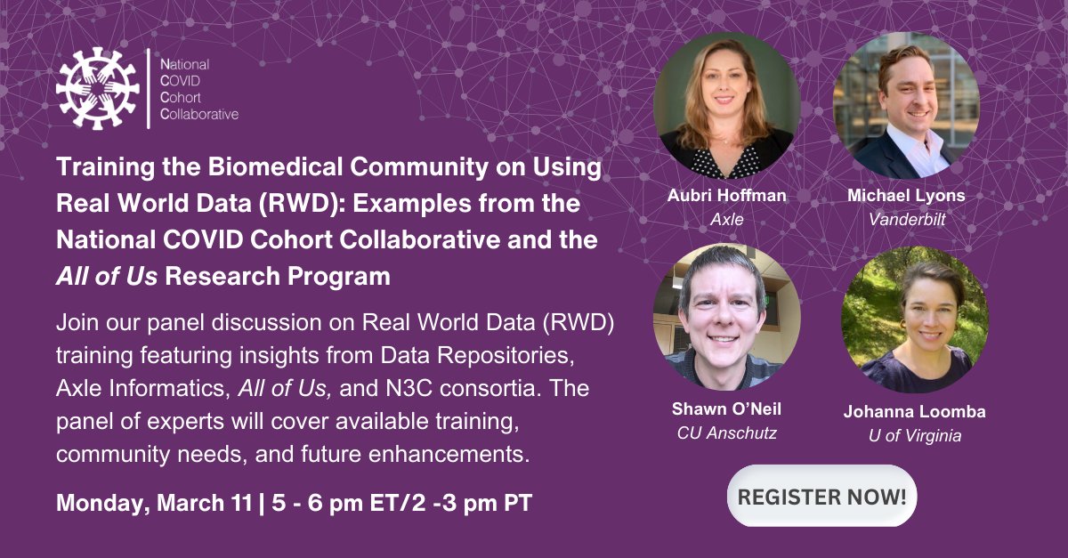 CTSA Data2Health (@data2health) on Twitter photo Join us on Monday, March 11 for our next #N3CommunityForum at 5 pm ET / 2 pm PT. This time, we welcome a panel of experts from #N3C, <a href="/AllofUsResearch/">AllofUsResearch</a>, and Axle Informatics to discuss Real World Data (RWD) training.
👉 Register at bit.ly/N3CRegister
#data #informatics Join us on Monday, March 11 for our next #N3CommunityForum at 5 pm ET / 2 pm PT. This time, we welcome a panel of experts from #N3C, <a href="/AllofUsResearch/">AllofUsResearch</a>, and Axle Informatics to discuss Real World Data (RWD) training.
👉 Register at bit.ly/N3CRegister
#data #informatics