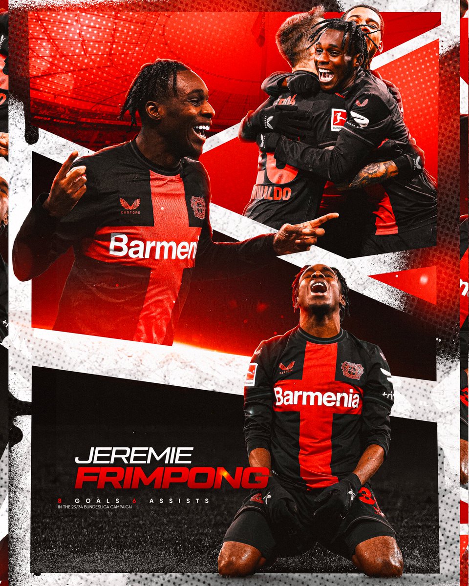Jeremie Frimpong 🔴⚫️ Bayer Leverkusen are unbeaten in the Bundesliga this season and best Bayerns record of unbeaten games at 34. Frimpong has been lighting it up with 8 goals and 6 assists in this year’s campaign. Do they win the Bundesliga this season?