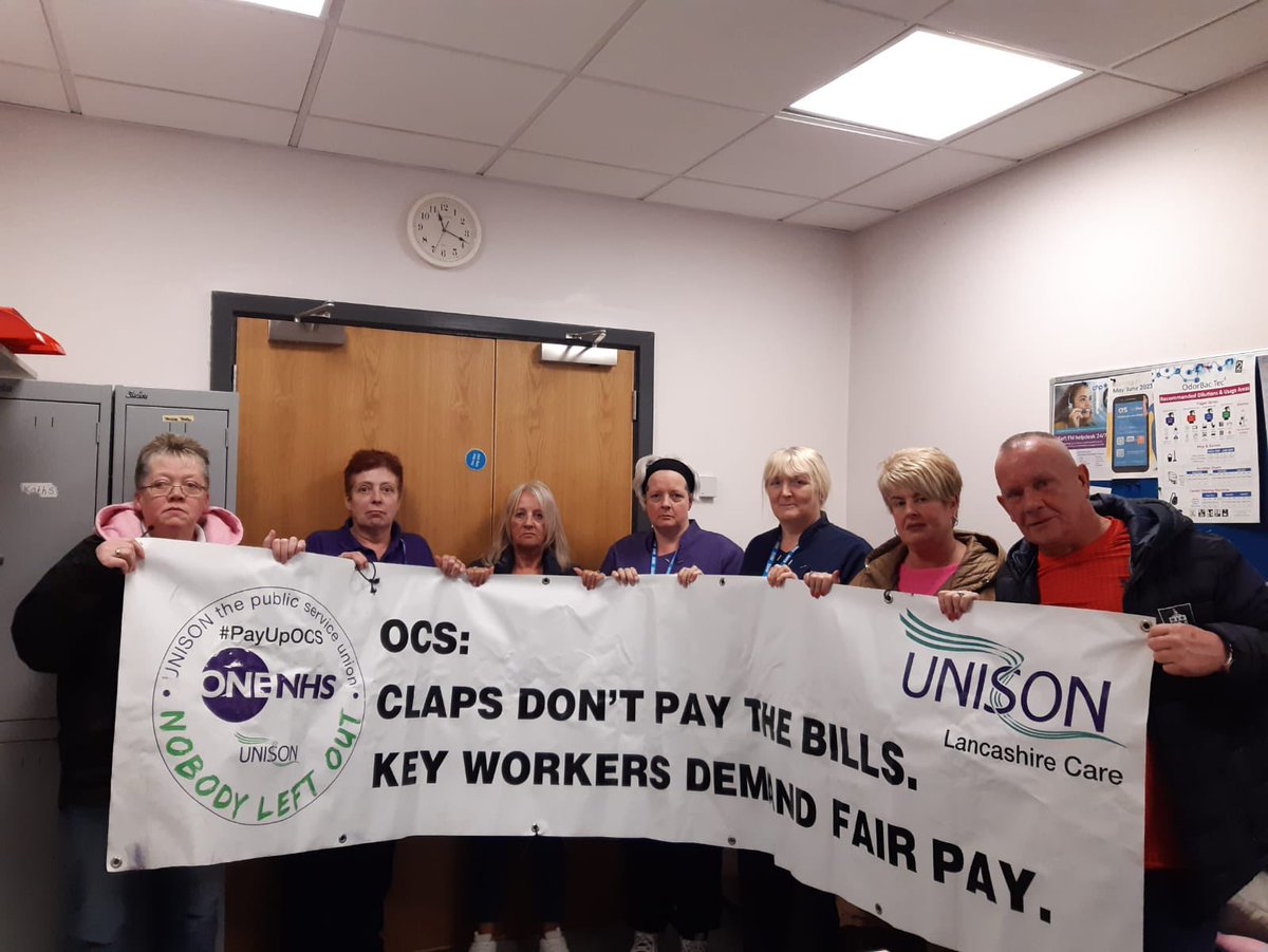 OCS colleagues in Burnley rock solid support for strike action if not paid the Covid Recovery Bonus. Worked right through, opened up the health centres, made sure it was spotless & clean for visitors having covid jabs. Time to pay up OCS & value your staff. @unisontheunion