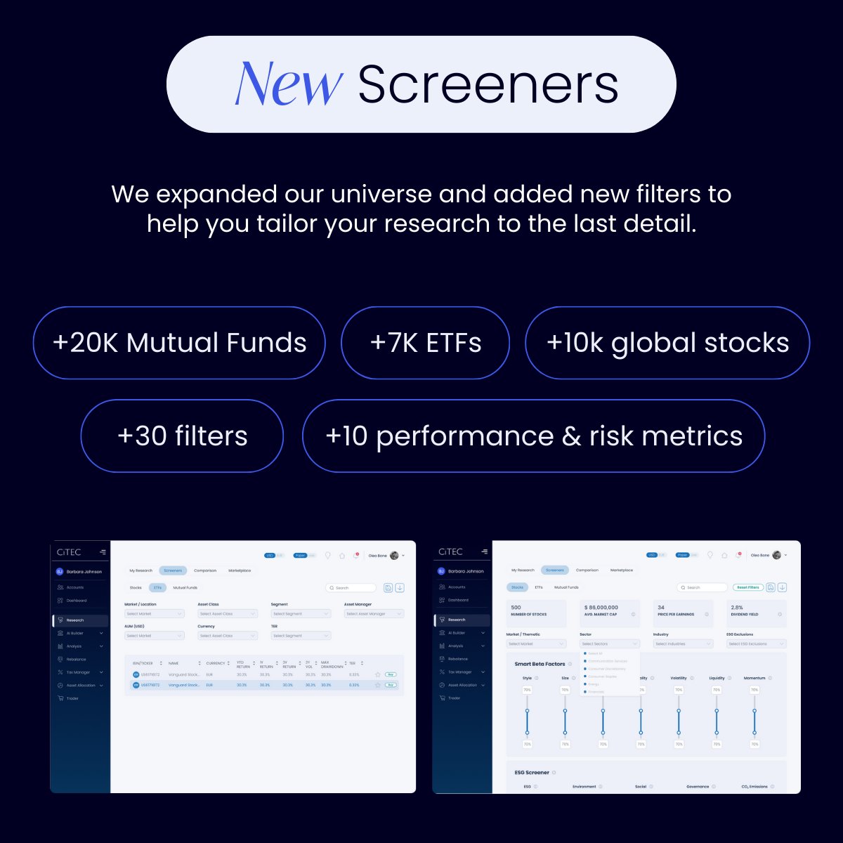 Citecsolutions's tweet photo. Refine your investment strategy with CITEC's Screeners! 📊 Customize filters for fundamentals, performance, geographies, sectors, and ESG. Explore Equity, ETFs, Mutual Funds, and more. Elevate your game with our Idea Repository. 🚀 #InvestmentStrategy #FinTech #CITEC #Screener https://t.co/xqz77lL3x1