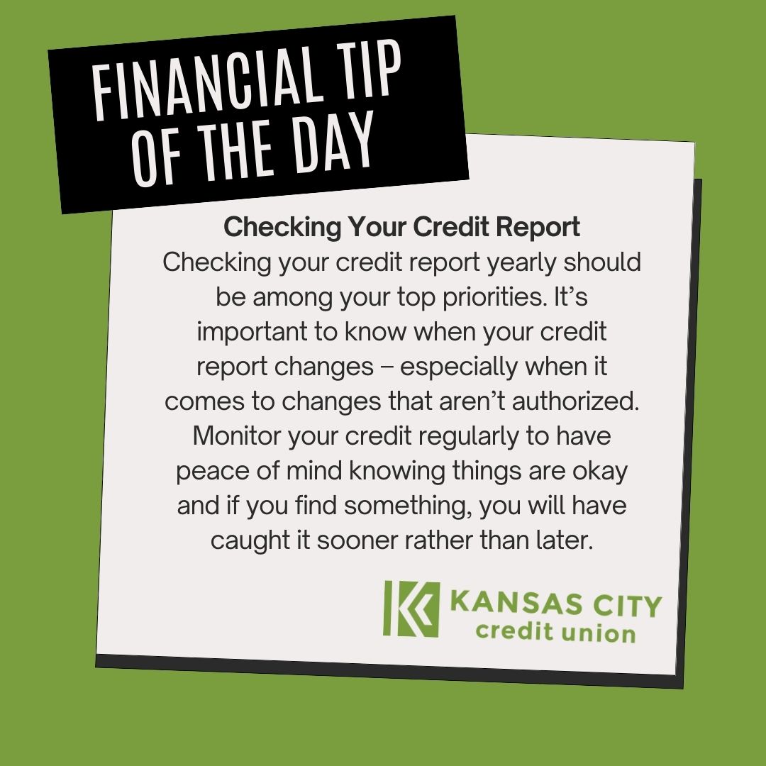KCCreditUnion's tweet image. Checking your credit report yearly should be among your top priorities. It’s important to know when your credit report changes – especially when it comes to changes that aren’t authorized. 

#kccu #kccreditunion #financialtipoftheday #financialtip