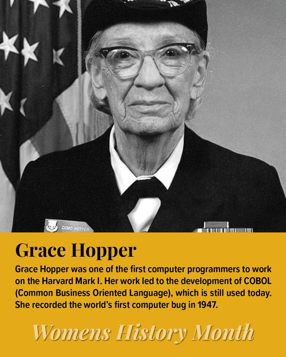 Grace Hopper was one of the first computer programmers to work on Harvard Mark I. Her work led to the development of COBOL, which is still used today. She recorded the world’s first computer bug in 1947. #LSU #LSUITS #WomensHistoryMonth #WomeninIT #WomeninTech