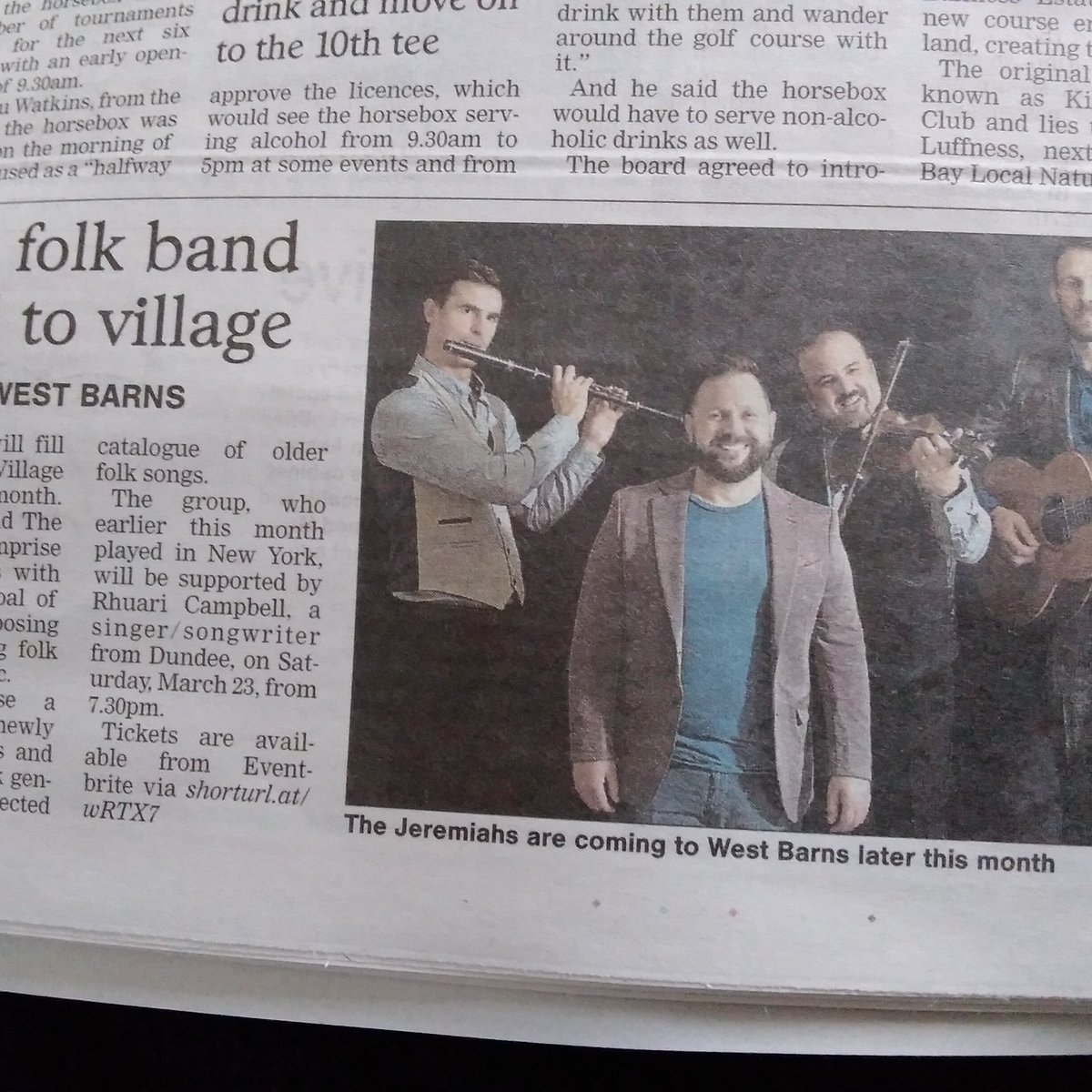 Thanks to @elcourier for article on #westbarnslive @westbarns_hall on Sat 23 March with @thejeremiahsie tickets here eventbrite.com/e/the-jeremiah… pre-gig meal deal Dukes West Barns 10% off food ticket holders pre-order quote #westbarnslive @goeastlothian @EastLothian1 @MusicNewsScot