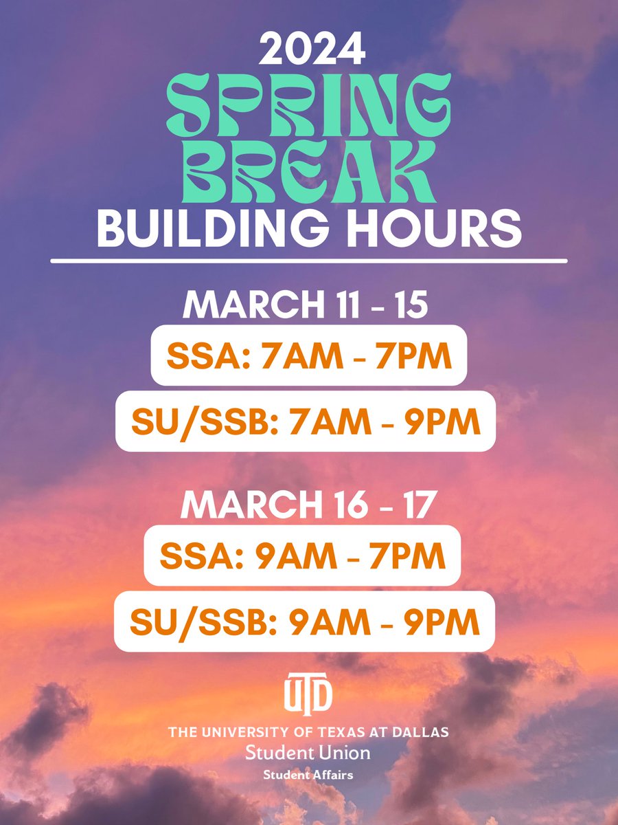Hello, Comets. It’s time to relax! Check out our building hours for Spring Break! We hope you have a wonderful and safe Spring Break ☀️ #utdstudentunion #utdallas