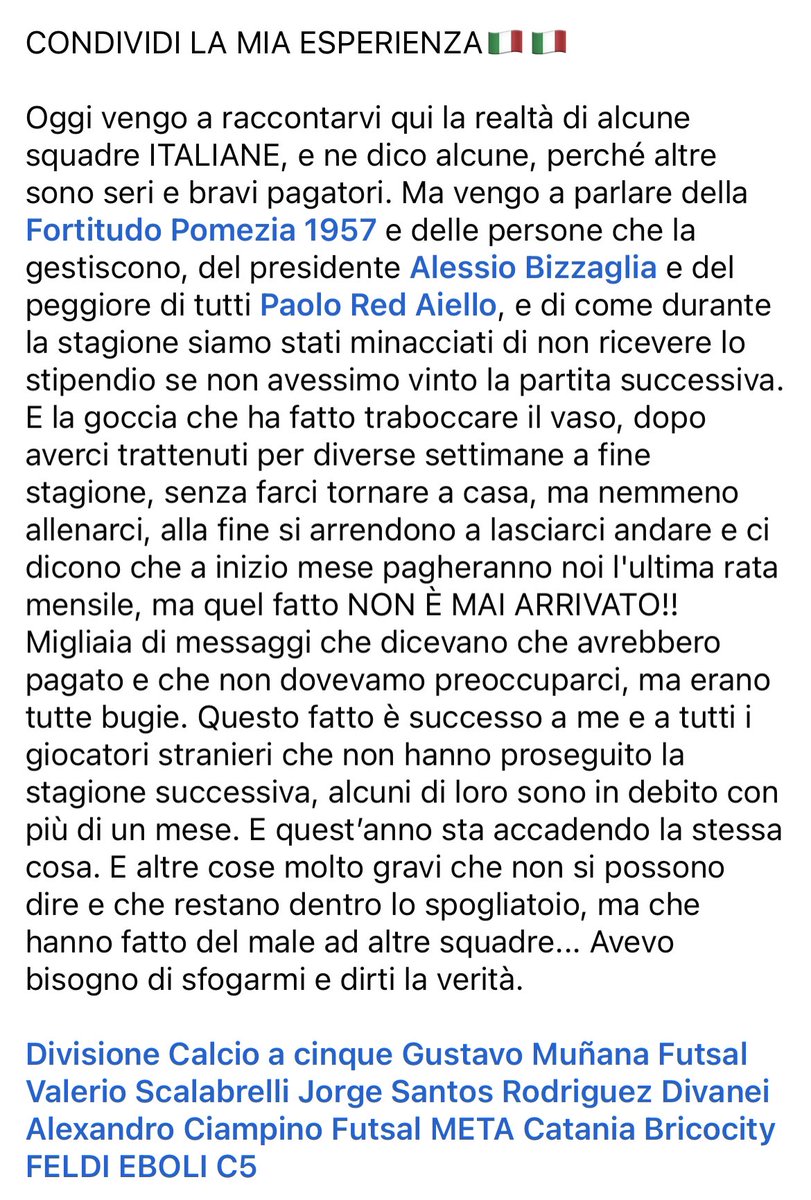 COMPARTID 🙏🙏🙏 La realidad del futsal en 🇮🇹. Me gustaría que muchos supieran como son algunos equipos dirijidos por malas personas en Italia, y digo algunos por que mi primera experiencia allí fue muy buena. @riodevale @gustavomunana @Calcioa5Live @Ca5Anteprima @FutSalRFEF