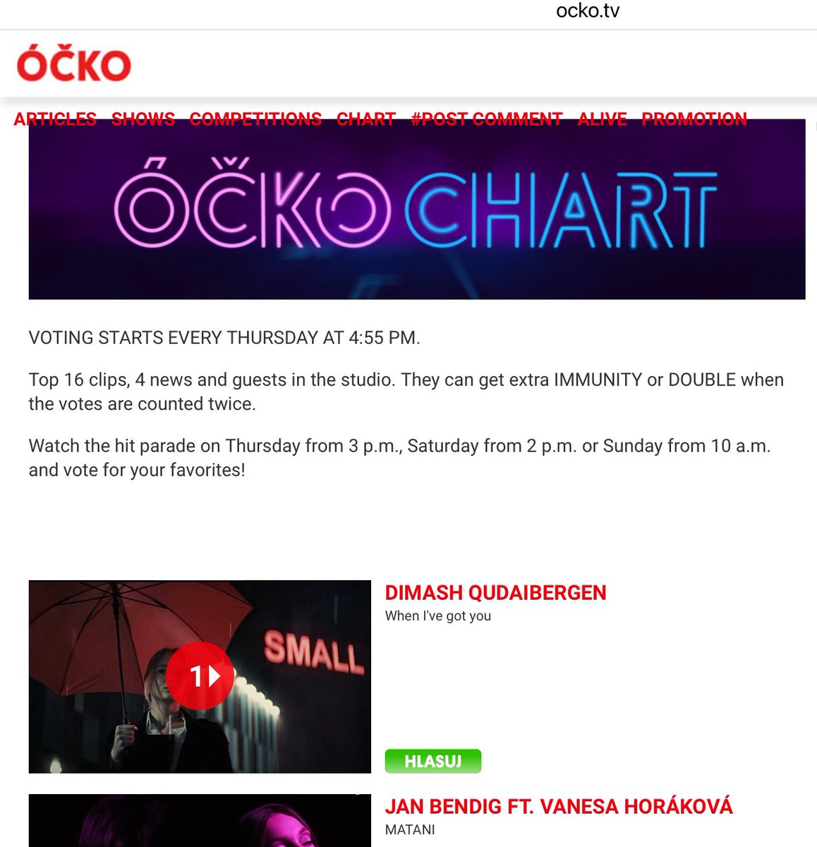 We congratulate @dimash_official for being ranked #1 on Czech Ocko TV music chart this week with his new MV #WhenIveGotYou 👏🥇 Good job #Dears 🌹 For voting for the next week’s chart 👉 ocko.tv/ocko-chart