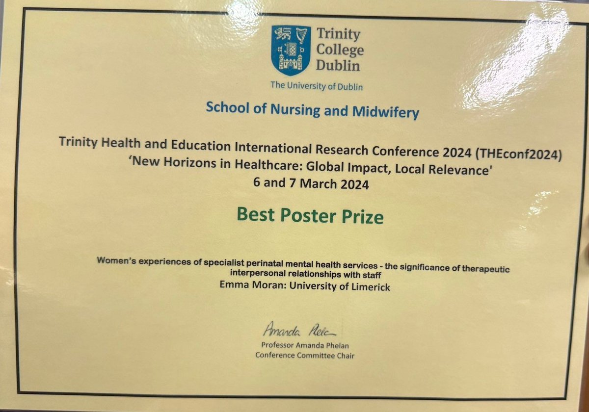 NursingTUS's tweet photo. Congrats to Emma Moran, lecturer on the BSc in Mental Health programme @ the Dept of Nursing &amp; Healthcare @TUS who was awarded 'Best Poster' at the Trinity Health &amp; Education International Research Conference 2024. Emma's PhD research is in the area of Perinatal Mental Health. https://t.co/HIw9N3eA8s