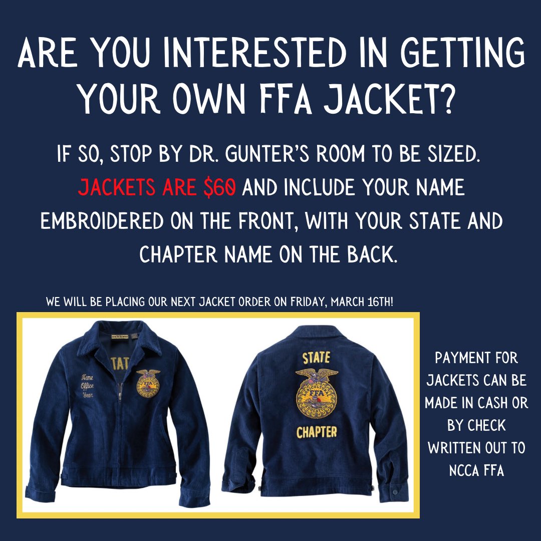 ncca_animalsci's tweet photo. Interested in getting your own FFA jacket? If so, stop by Dr. Gunter’s Room to be sized. Jackets are $60 and come personalized. We will be placing our next order on March 16th! #ffajacket #nationalffa #myncca #ncssbethebest #nccaway #officialdress https://t.co/eB6q1Vd9gn