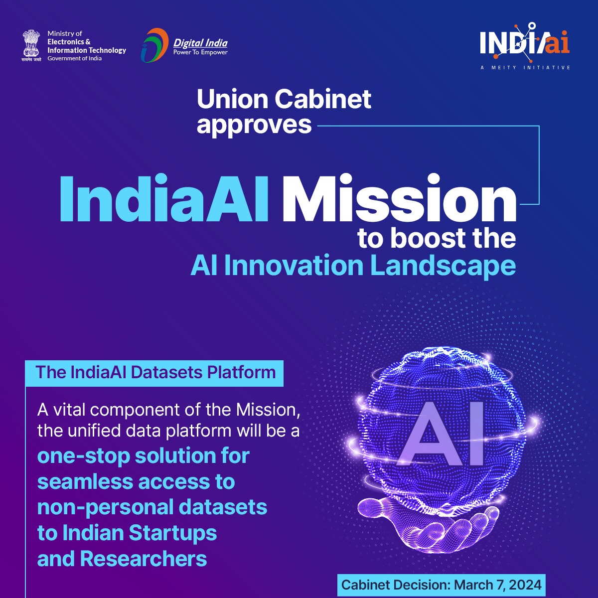 #CabinetDecision | Cabinet's approval of the #IndiaAIMission marks a significant step towards democratising access to crucial resources for AI innovation. The IndiaAI Datasets Platform, a mission cornerstone, is designed to provide a one-stop solution for seamless access to…