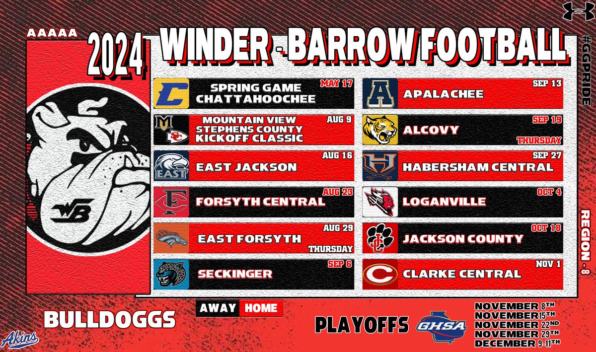 2024 WB Football Schedule May 17 - Spring Game Aug 9 - Kickoff Classic Aug 16 - Home Opener Sep 13 - Battle of Barrow Sep 27 - Homecoming (Not Official) Two Thursday Night matchups! Right Column Region 8 Opponents Nov 8 - Dec 11 - Playoffs #GGpride #Doggs #WhyNotUs