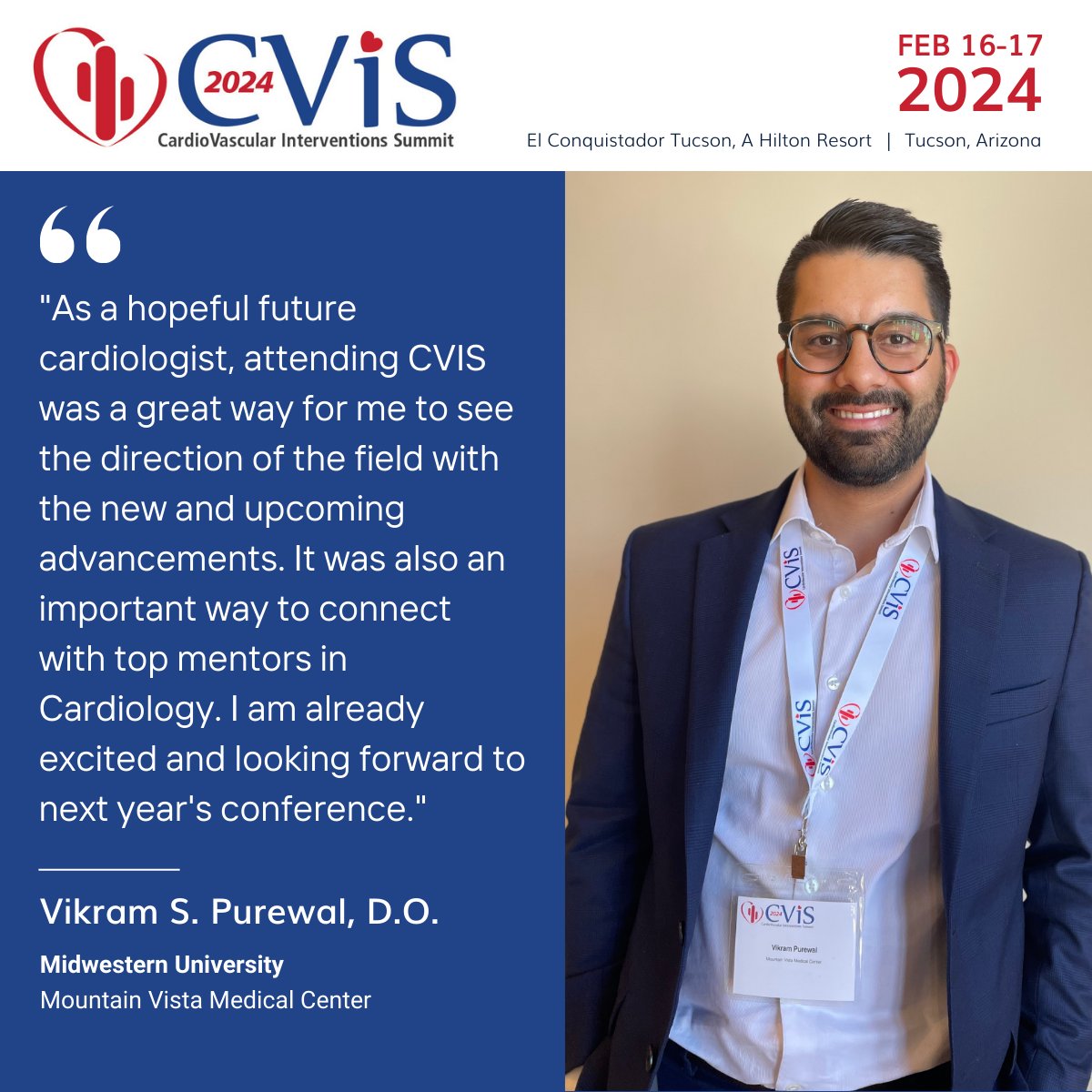 It was great to connect with Vikram Purewal, D.O., and to hear his experience at #CVIS2024. We're still receiving excellent feedback from our community and look forward to sharing more testimonials, faculty interviews and the On-Demand Library with video coverage.