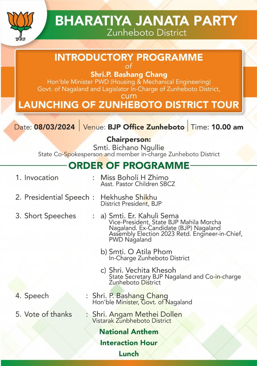 Attended party meeting at Zunheboto  today with District Office bearers &amp; Co-incharges from State. Discussed tomorrow's introductory program of Shri. Bashang Chang, Hon'ble Minister (legislator in-charge of Zbto Dist.) as well as launching of Zunheboto District Tour.